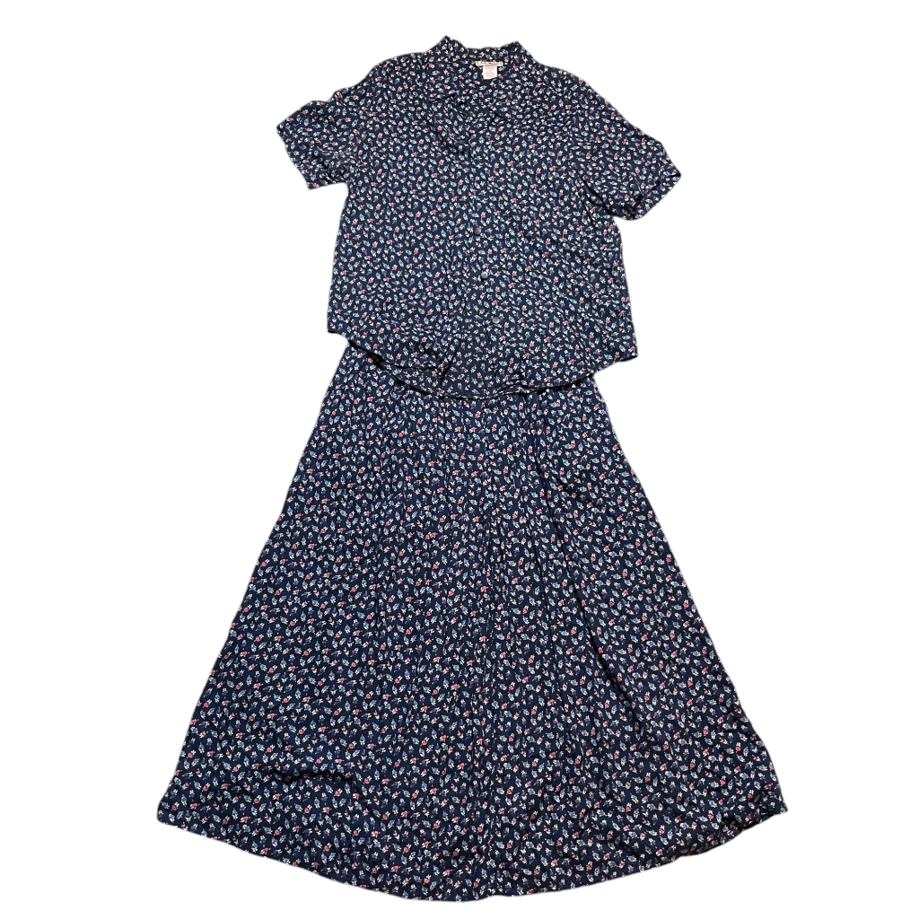 Vintage 80s L.L. Bean Navy Floral Print Button-Up Short Sleeve Shirt & Skirt Set